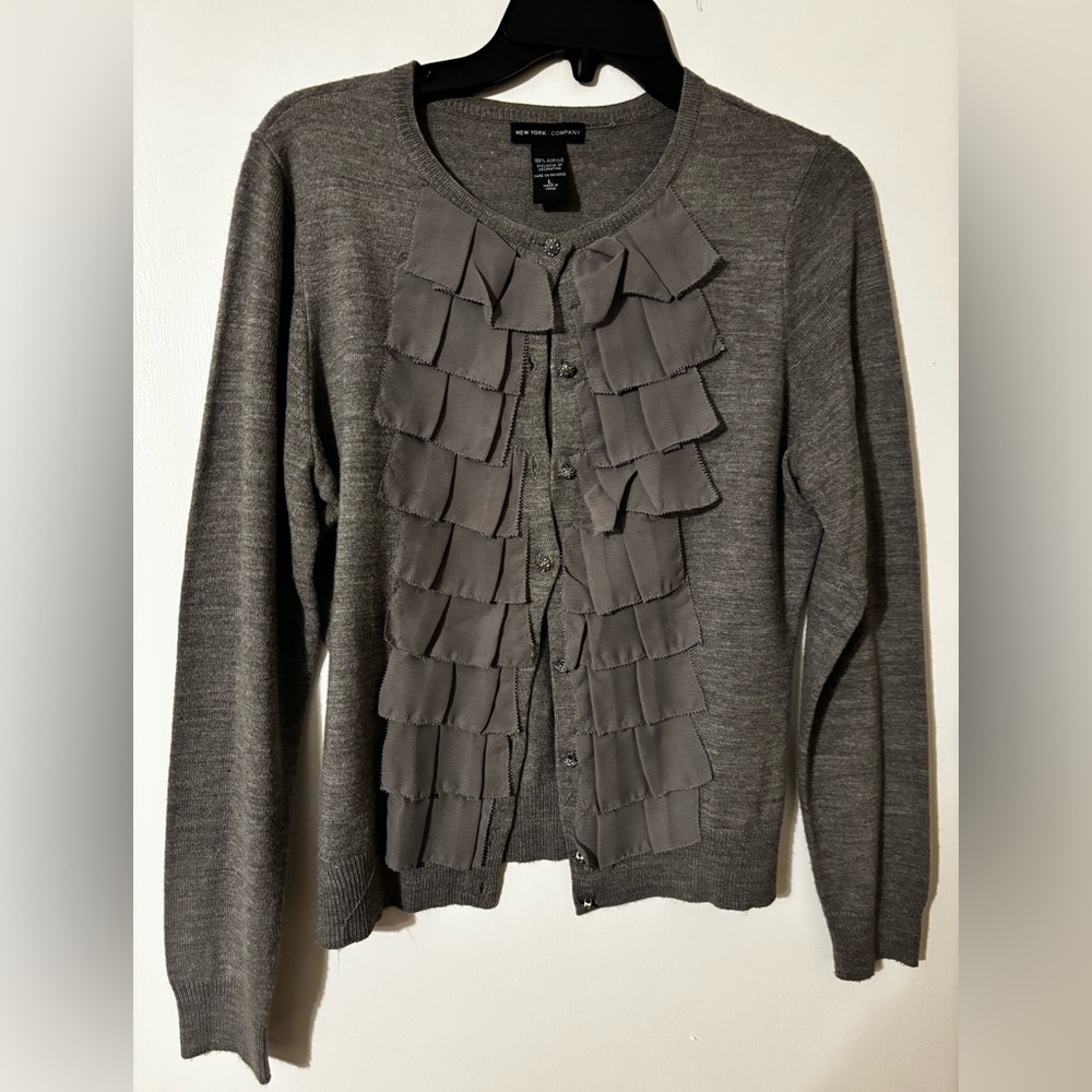 New York & Company Gray Ruffled Cardigan